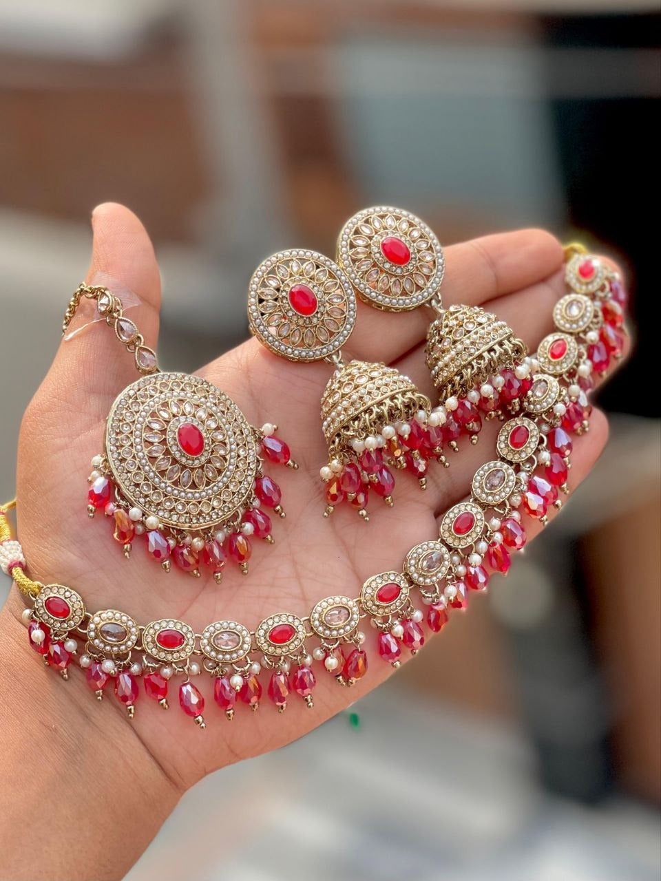 Premium Reverse AD Choker Set with Jhumka Earrings & Tikka