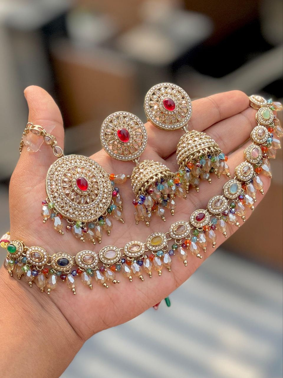 Premium Reverse AD Choker Set with Jhumka Earrings & Tikka