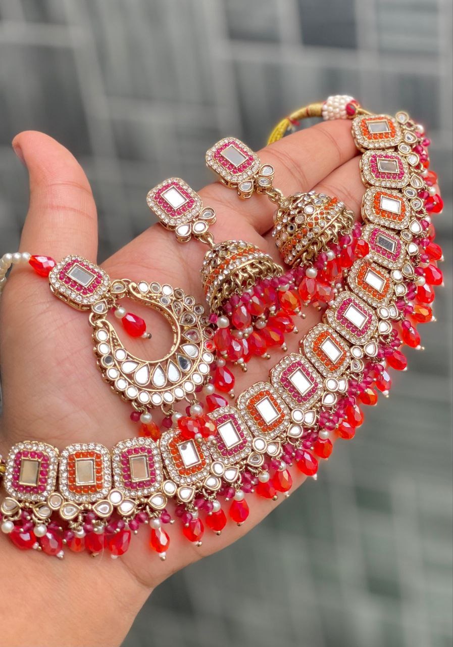 Premium Mirror Work Choker Set with Jhumka Earrings & Tikka