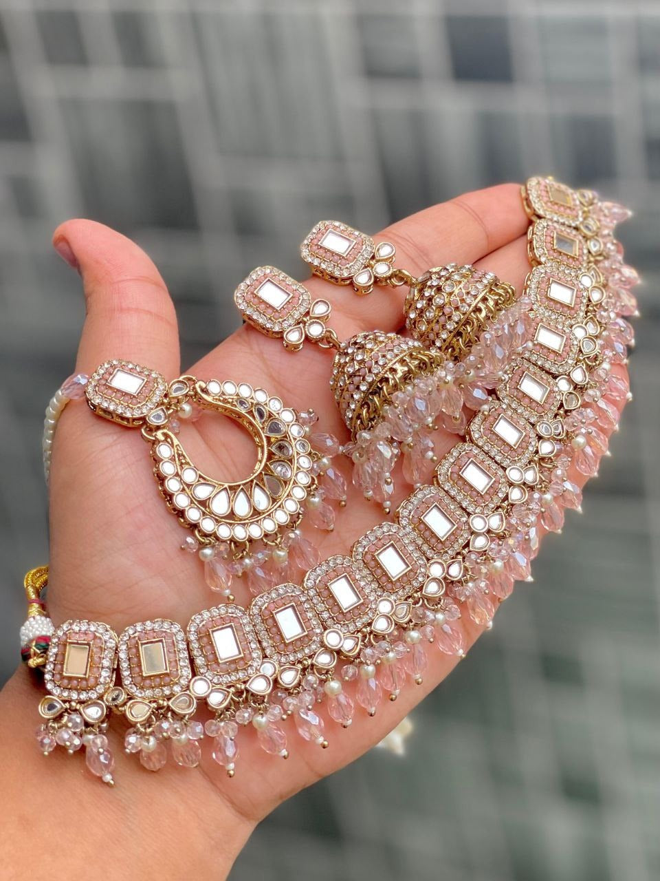 Premium Mirror Work Choker Set with Jhumka Earrings & Tikka