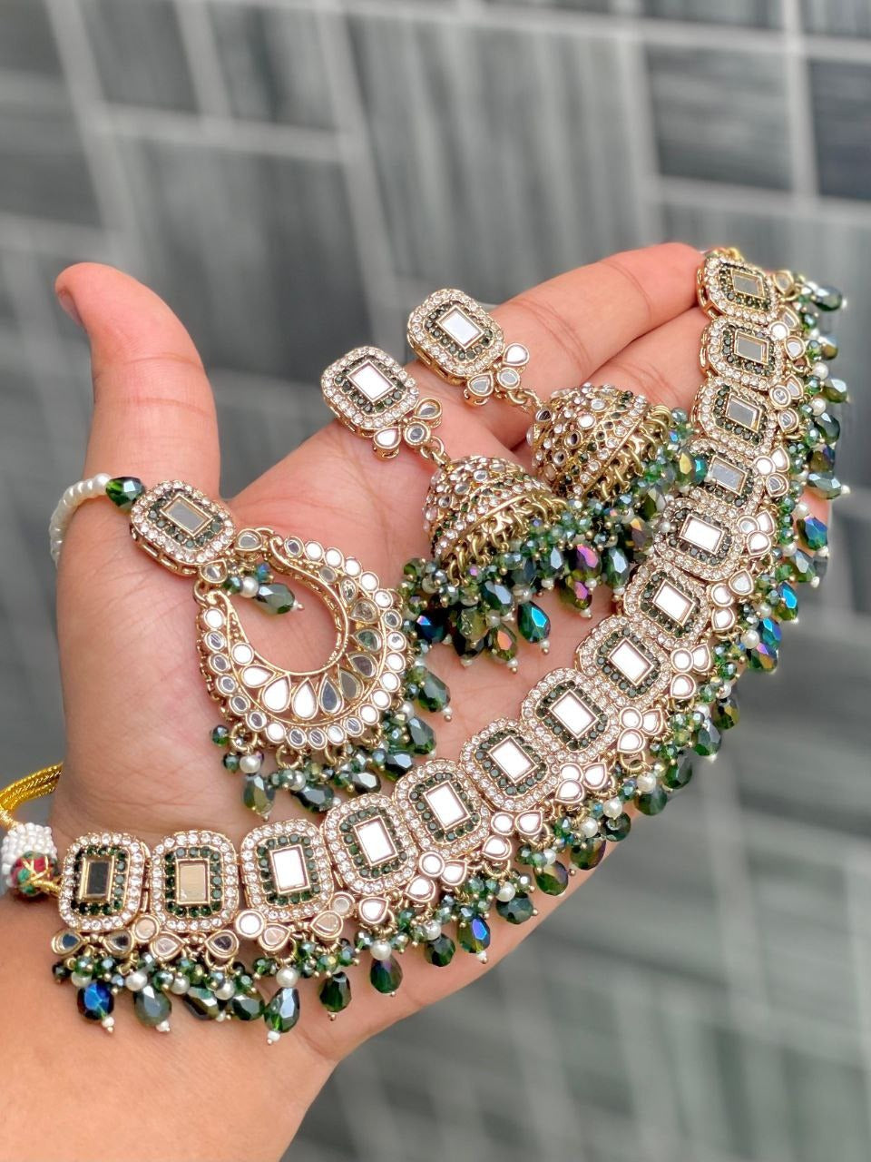 Premium Mirror Work Choker Set with Jhumka Earrings & Tikka