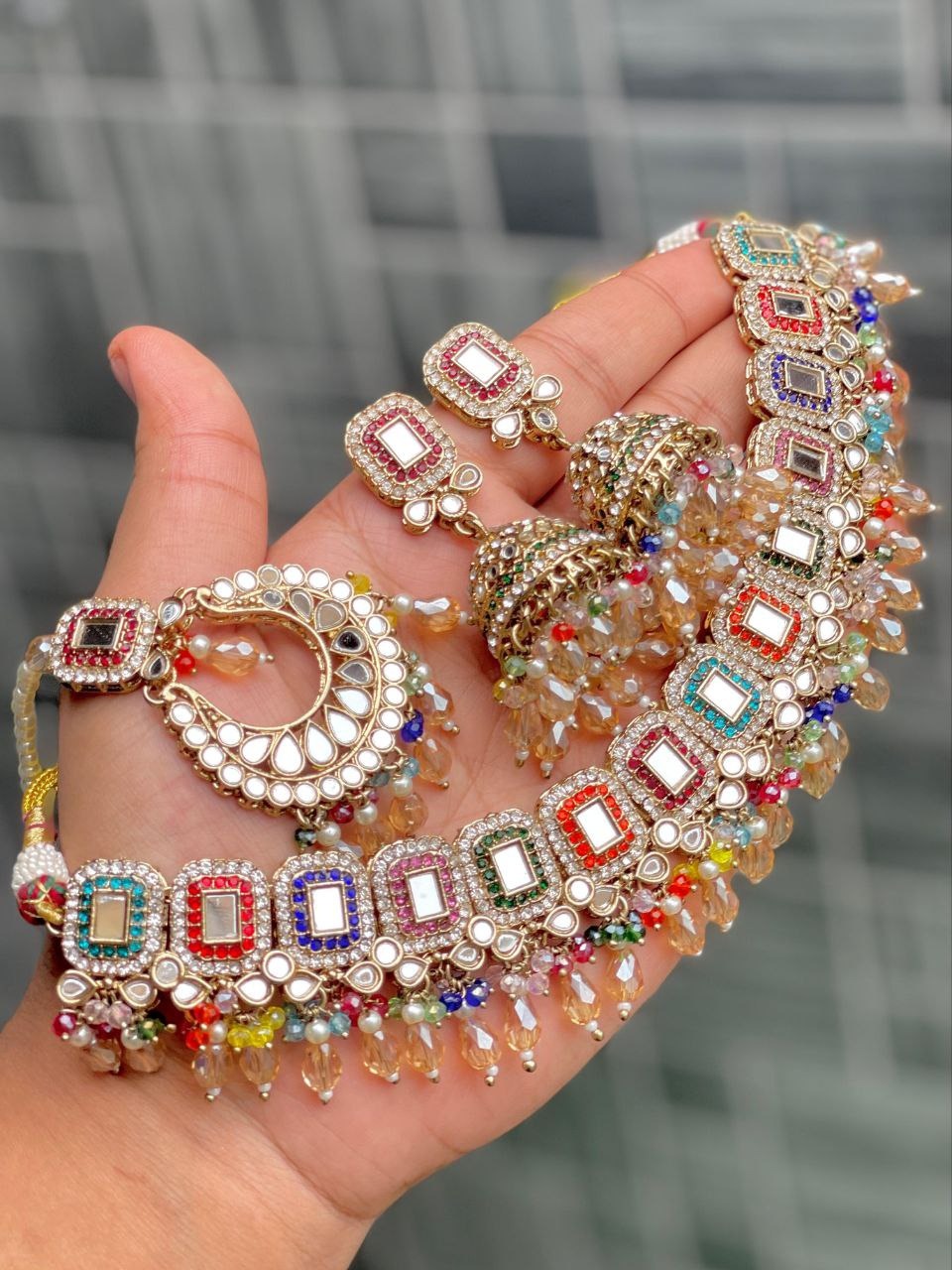 Premium Mirror Work Choker Set with Jhumka Earrings & Tikka