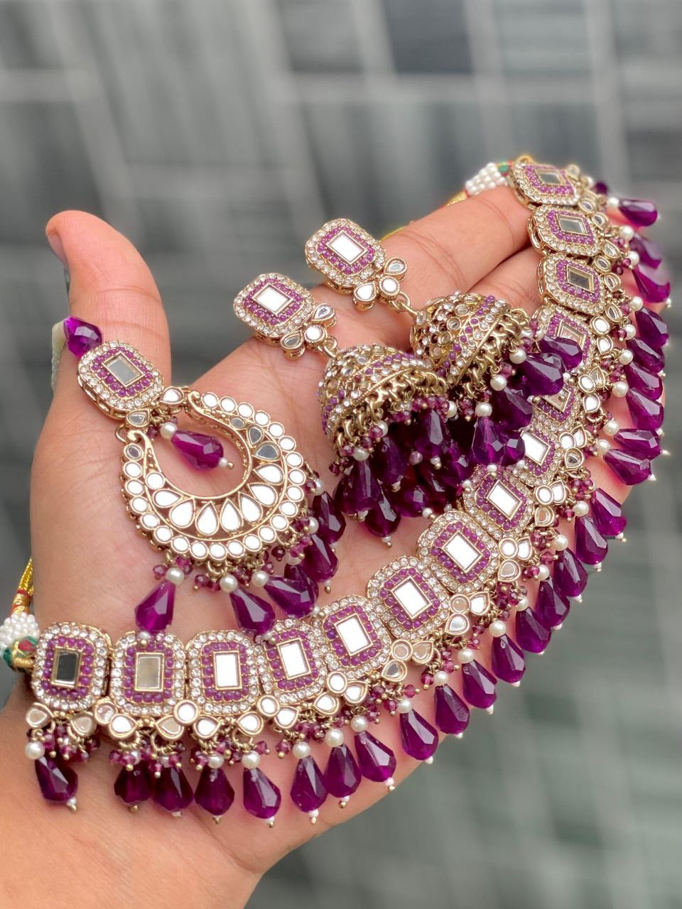 Premium Mirror Work Choker Set with Jhumka Earrings & Tikka