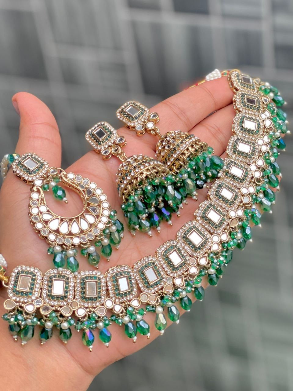 Premium Mirror Work Choker Set with Jhumka Earrings & Tikka
