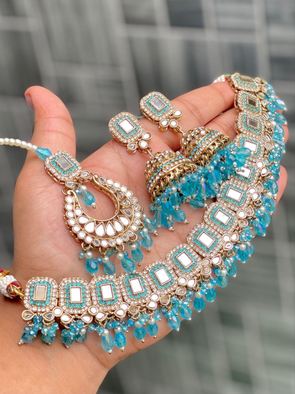 Premium Mirror Work Choker Set with Jhumka Earrings & Tikka