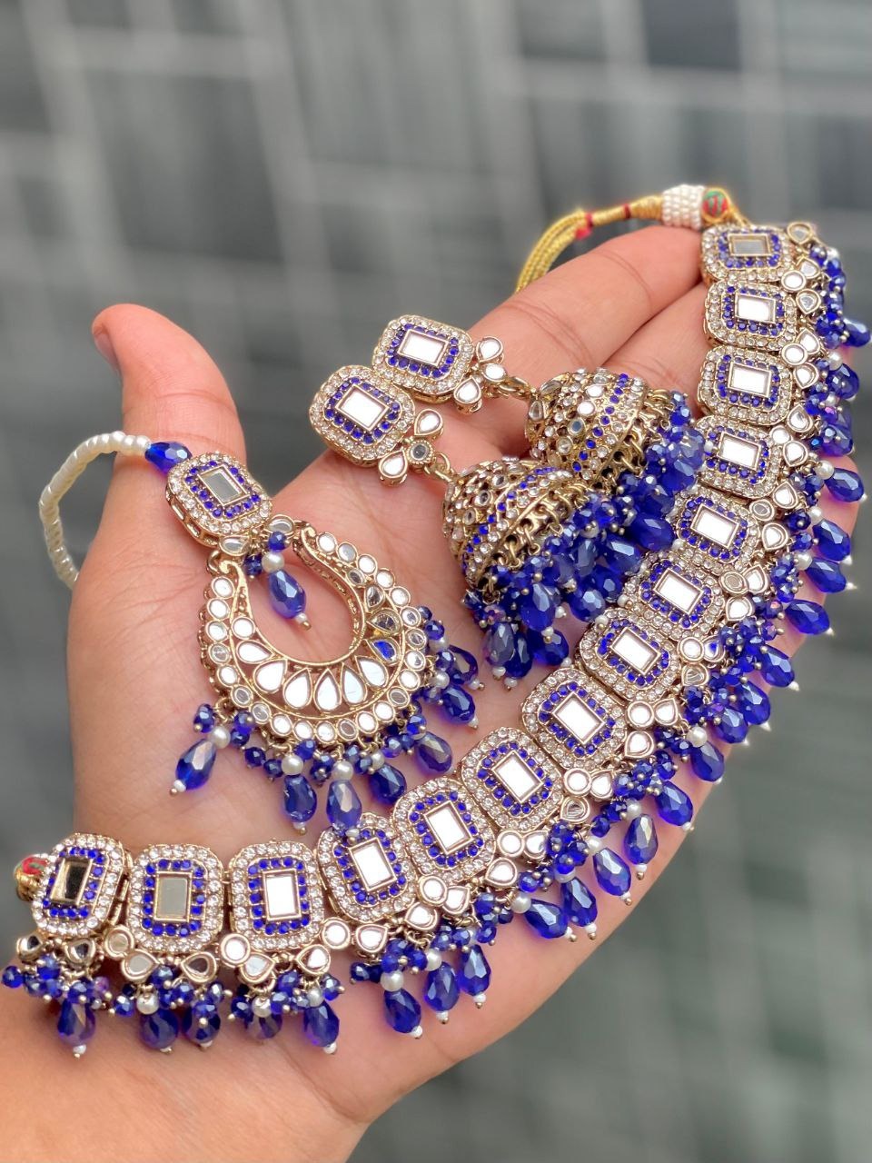Premium Mirror Work Choker Set with Jhumka Earrings & Tikka