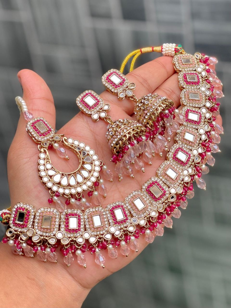 Premium Mirror Work Choker Set with Jhumka Earrings & Tikka