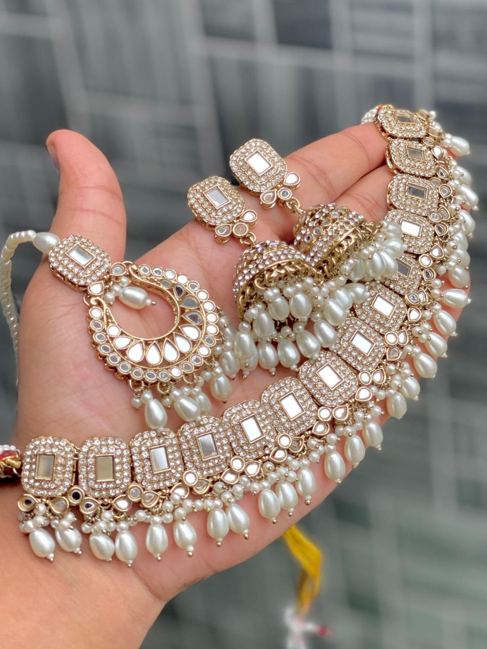 Premium Mirror Work Choker Set with Jhumka Earrings & Tikka