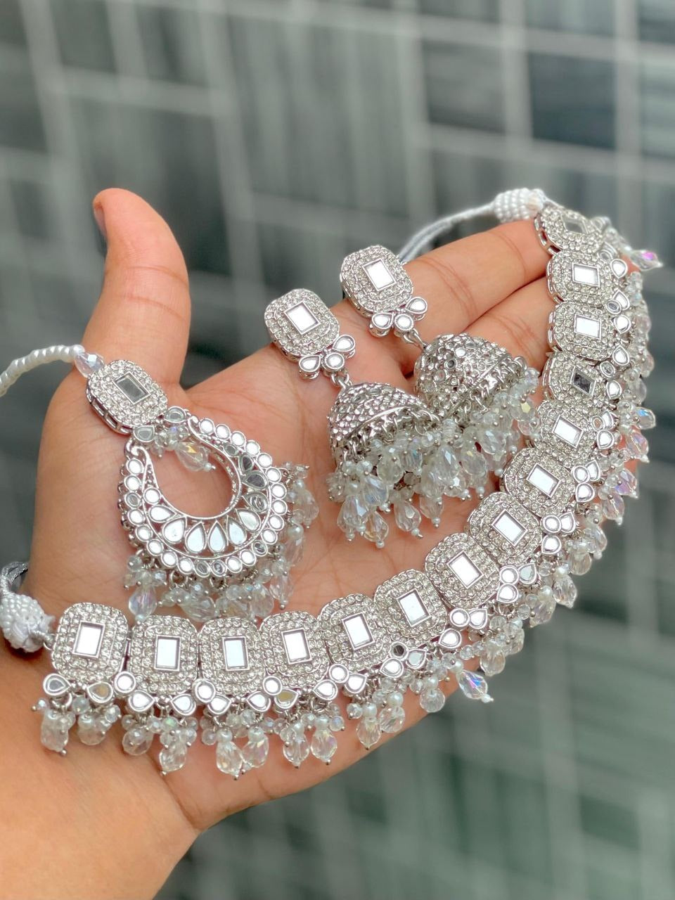 Premium Mirror Work Choker Set with Jhumka Earrings & Tikka