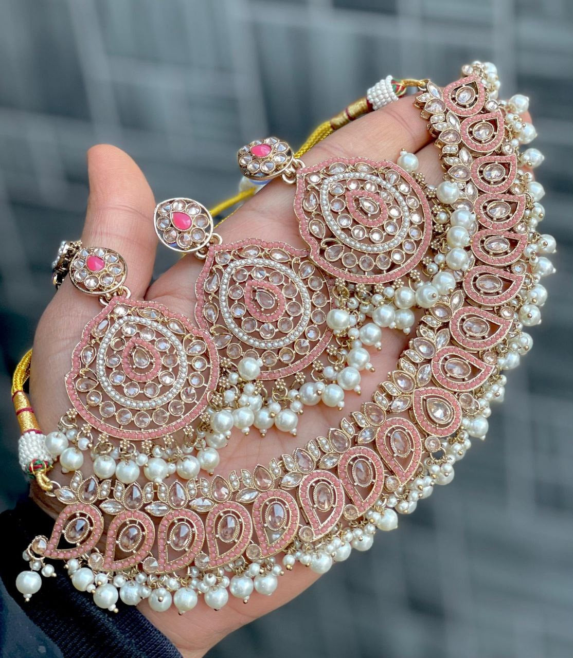 Beautiful Premium Quality Monalisa & Reverse AD Stone Work Gold Plated Jhumka & Tikka Set