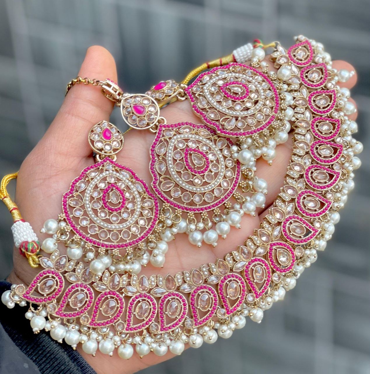 Beautiful Premium Quality Monalisa & Reverse AD Stone Work Gold Plated Jhumka & Tikka Set