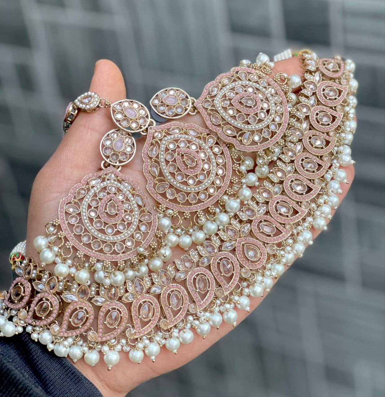 Beautiful Premium Quality Monalisa & Reverse AD Stone Work Gold Plated Jhumka & Tikka Set
