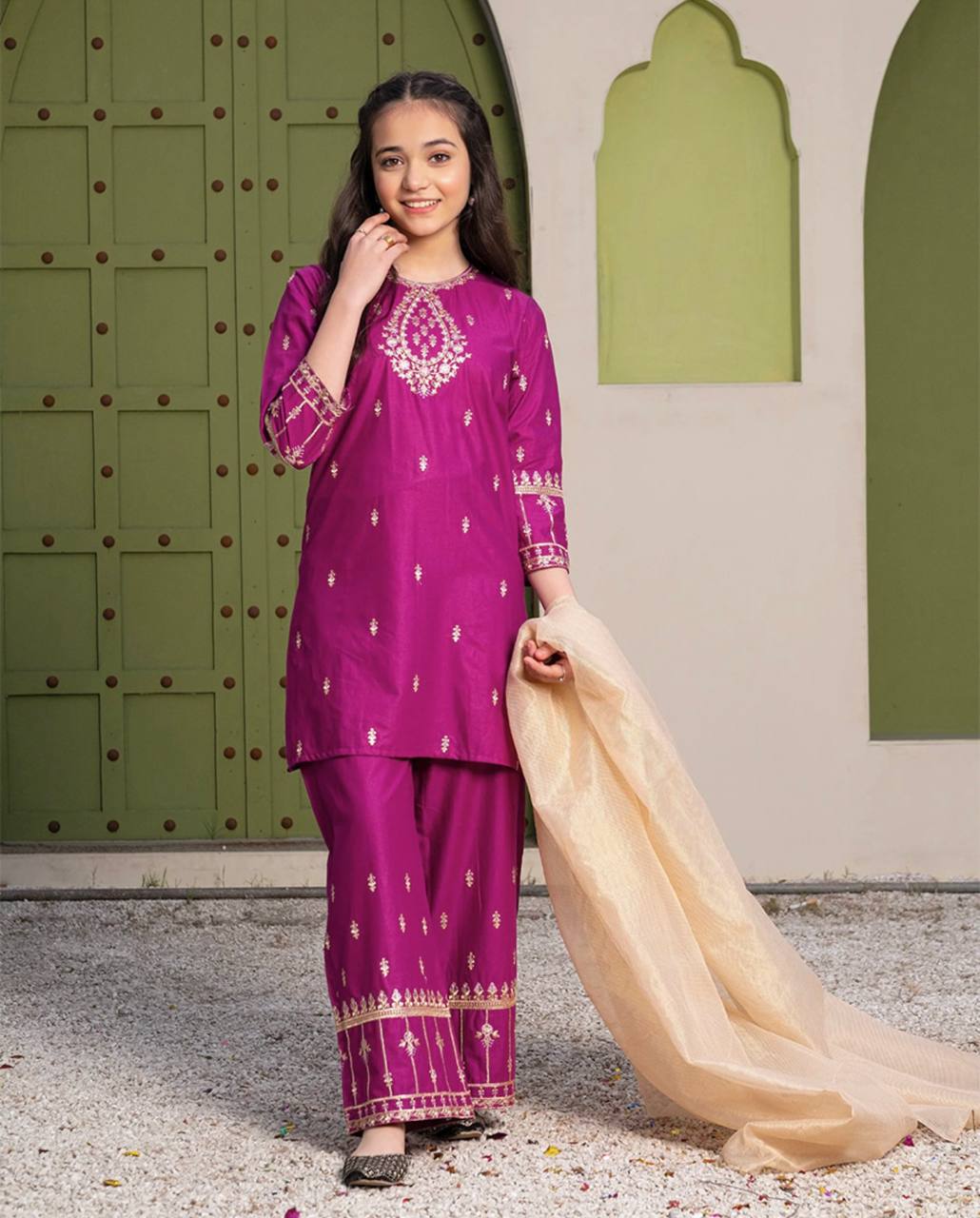 Elegant Embroidered Crepe Silk Party Outfit for Girls (3โ15 Yrs)