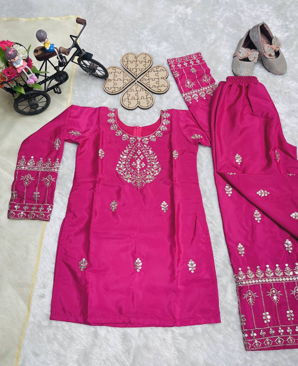 Elegant Embroidered Crepe Silk Party Outfit for Girls (3โ15 Yrs)