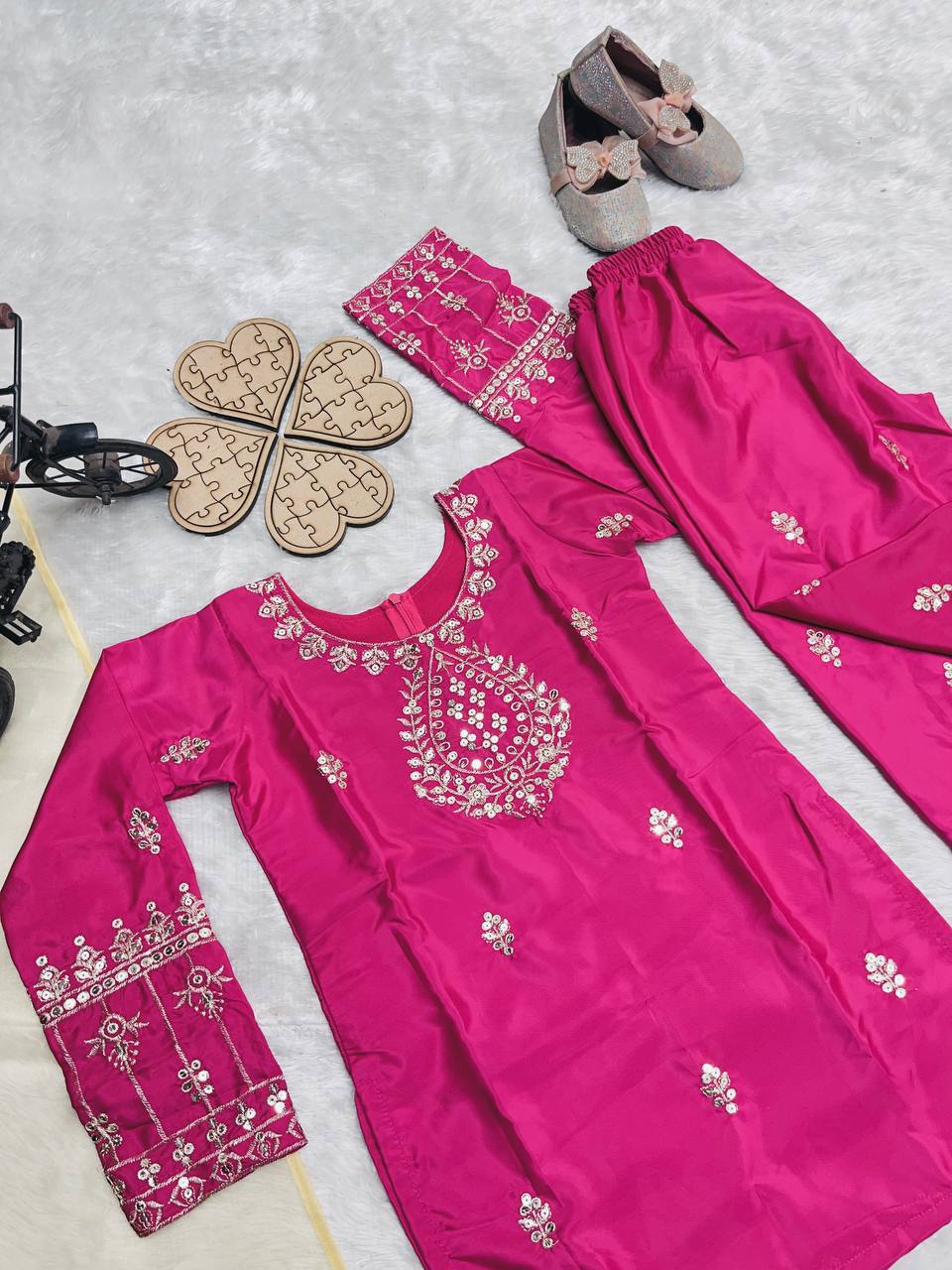 Elegant Embroidered Crepe Silk Party Outfit for Girls (3โ15 Yrs)