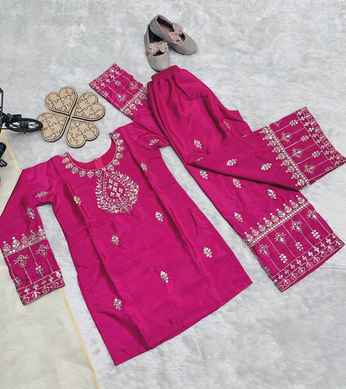 Elegant Embroidered Crepe Silk Party Outfit for Girls (3โ15 Yrs)