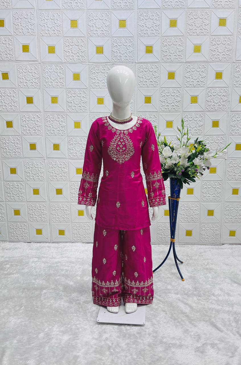 Elegant Embroidered Crepe Silk Party Outfit for Girls (3โ15 Yrs)