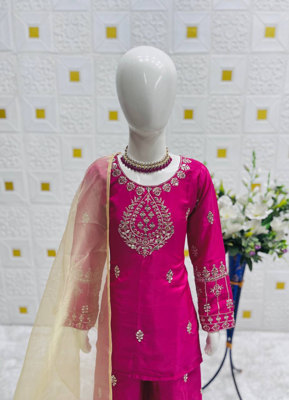 Elegant Embroidered Crepe Silk Party Outfit for Girls (3โ15 Yrs)