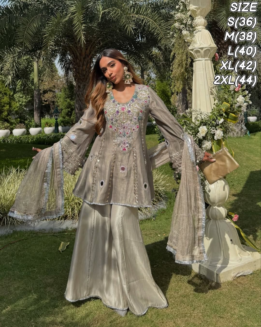 Designer Heavy Natural Crepe Sharara Set with Sequin & Mirror Embroidery