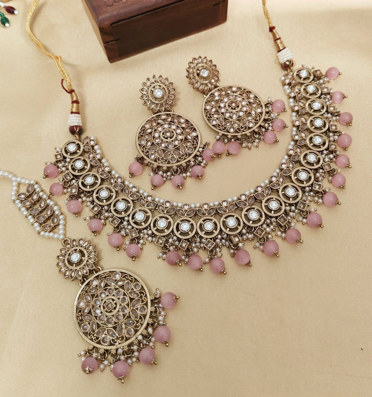 Elegant Reverse AD Stonework Necklace Set with Earrings & Tikka