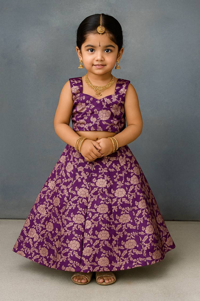 Kids Banarasi Silk Lehenga Choli – Jacquard Weave with Golden Moti Lace | Ages 0.1 to 15 Years