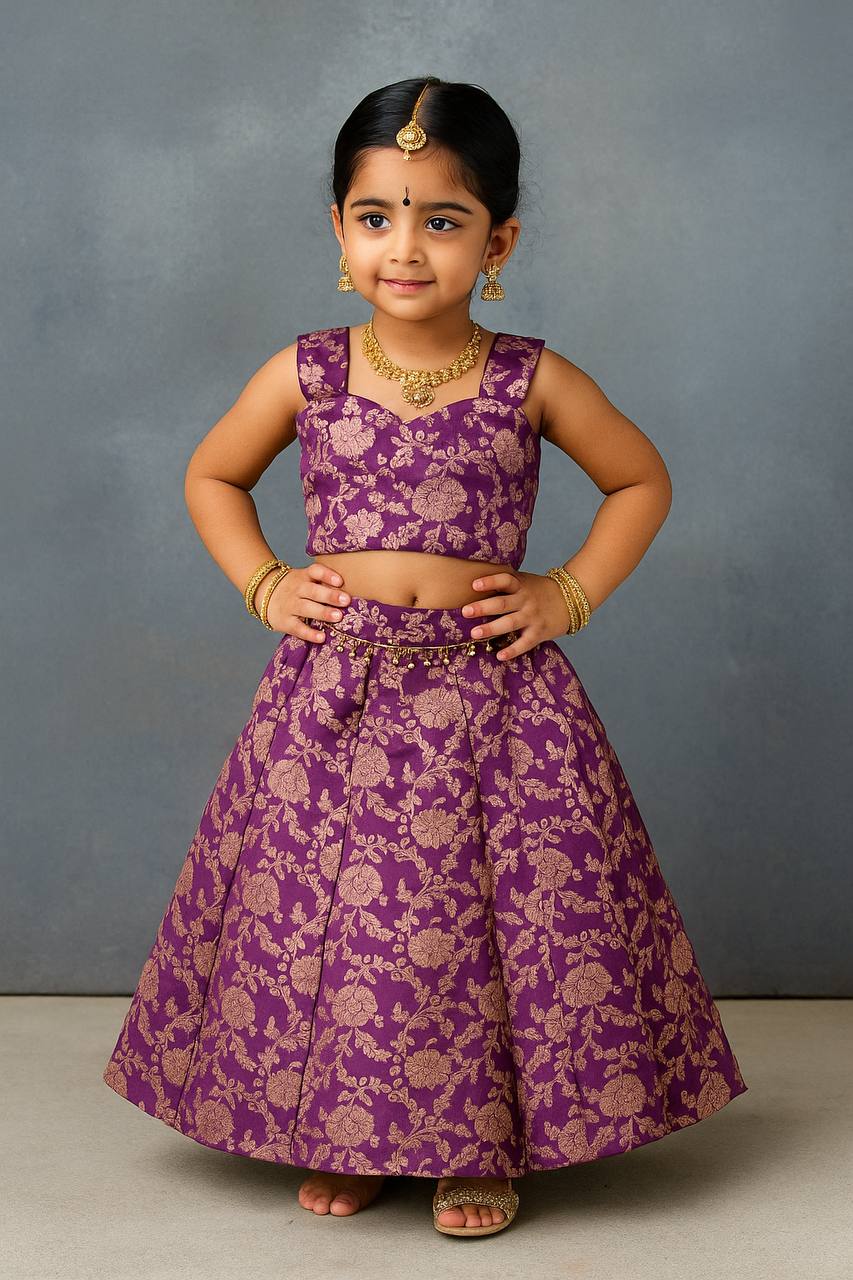 Kids Banarasi Silk Lehenga Choli – Jacquard Weave with Golden Moti Lace | Ages 0.1 to 15 Years