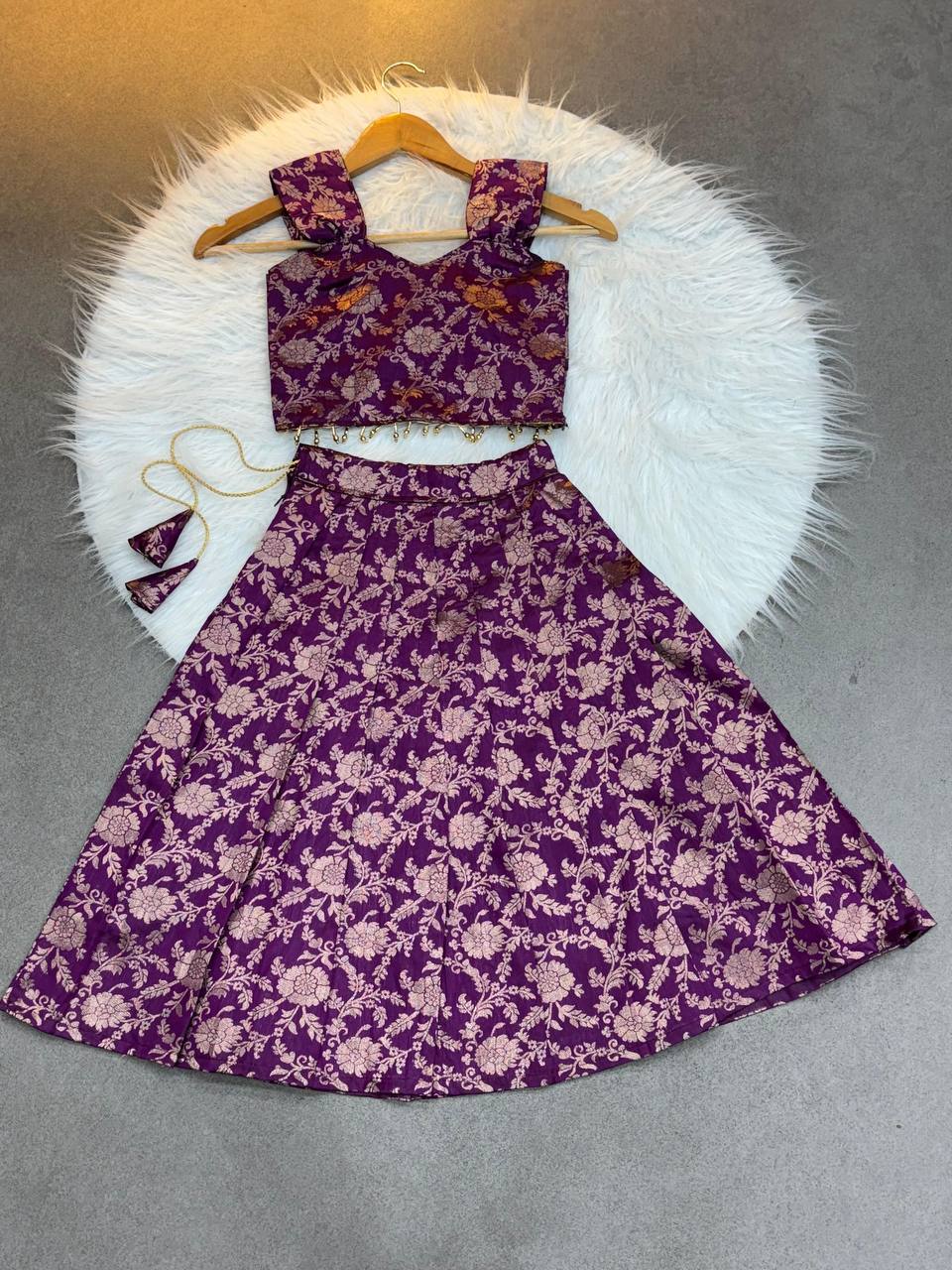 Kids Banarasi Silk Lehenga Choli – Jacquard Weave with Golden Moti Lace | Ages 0.1 to 15 Years