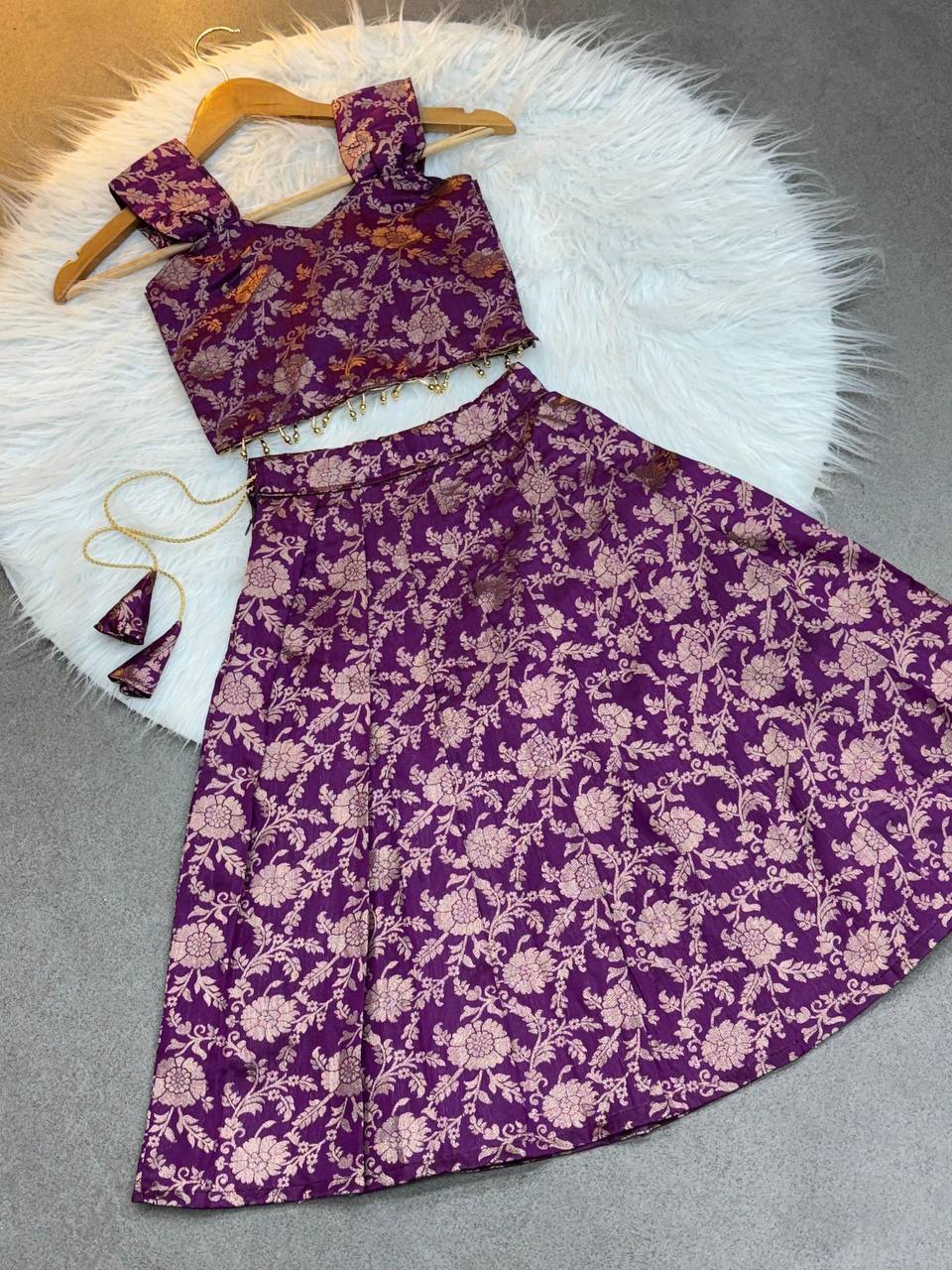 Kids Banarasi Silk Lehenga Choli – Jacquard Weave with Golden Moti Lace | Ages 0.1 to 15 Years