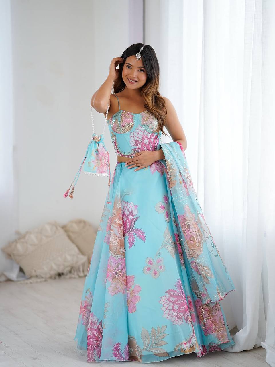 Elegant Pure Organza Embroidered Lehenga Set with Dupatta & Batwa – Fully Stitched Blouse