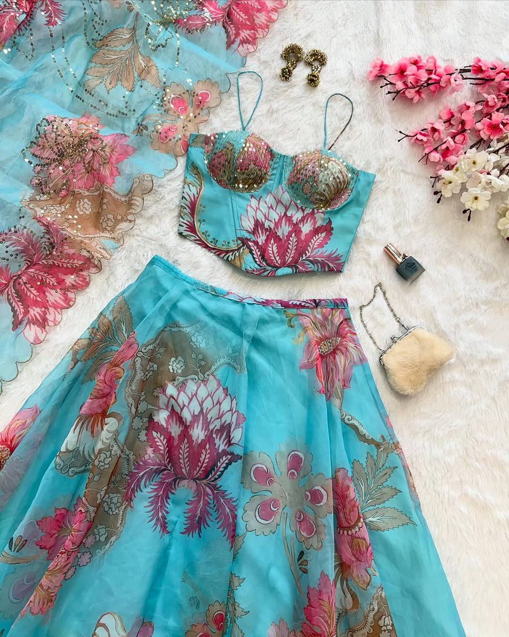 Elegant Pure Organza Embroidered Lehenga Set with Dupatta & Batwa – Fully Stitched Blouse