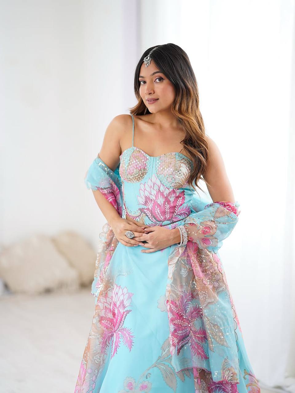Elegant Pure Organza Embroidered Lehenga Set with Dupatta & Batwa – Fully Stitched Blouse