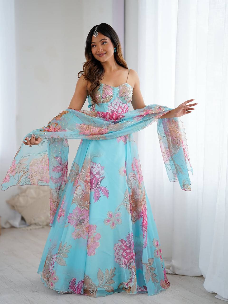 Elegant Pure Organza Embroidered Lehenga Set with Dupatta & Batwa – Fully Stitched Blouse