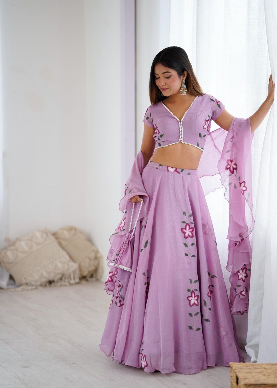 Candy Crush Handpainted Lehenga Set – Pearl Lace Blouse, Flair Lehenga & Cascade Dupatta