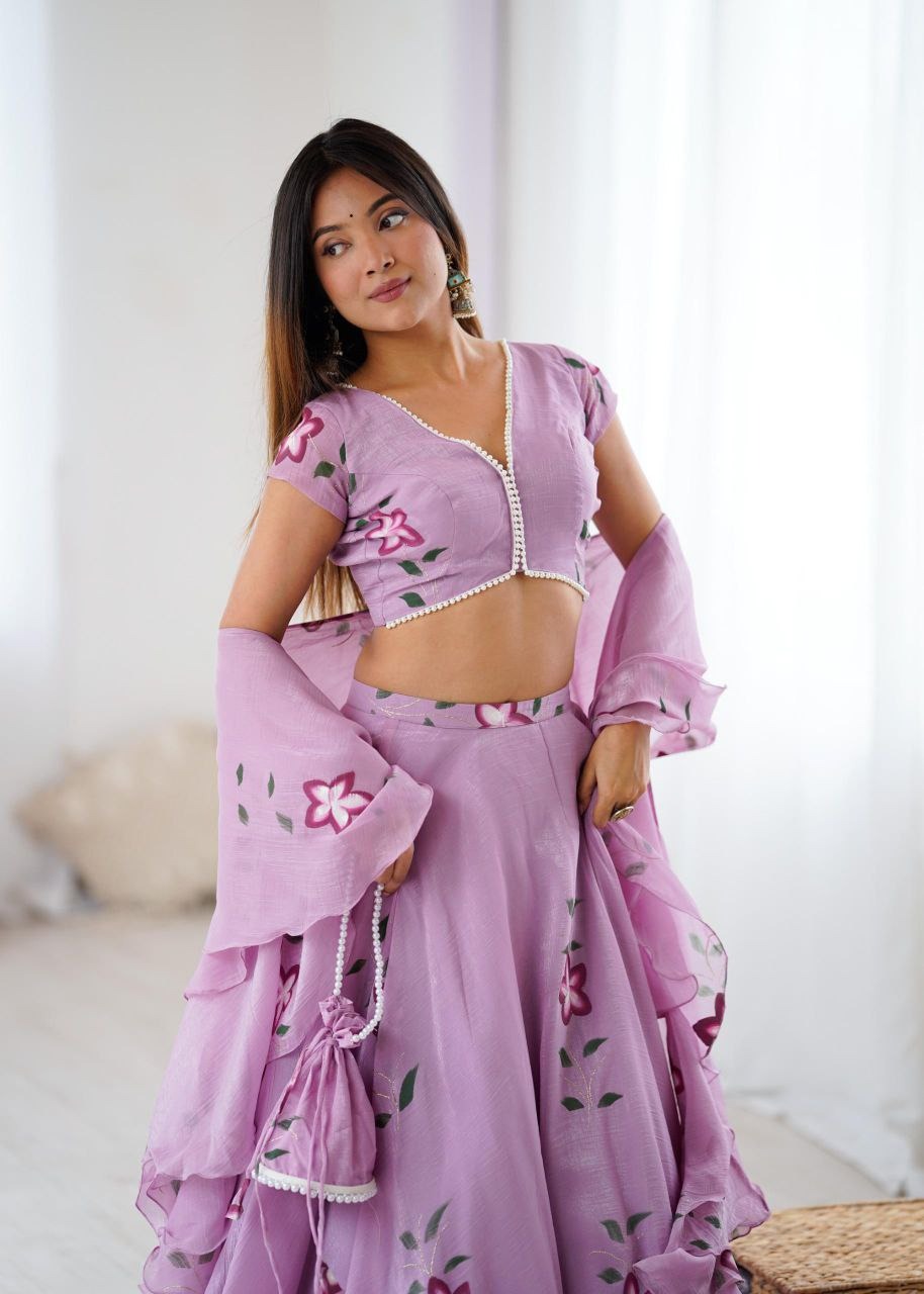Candy Crush Handpainted Lehenga Set – Pearl Lace Blouse, Flair Lehenga & Cascade Dupatta