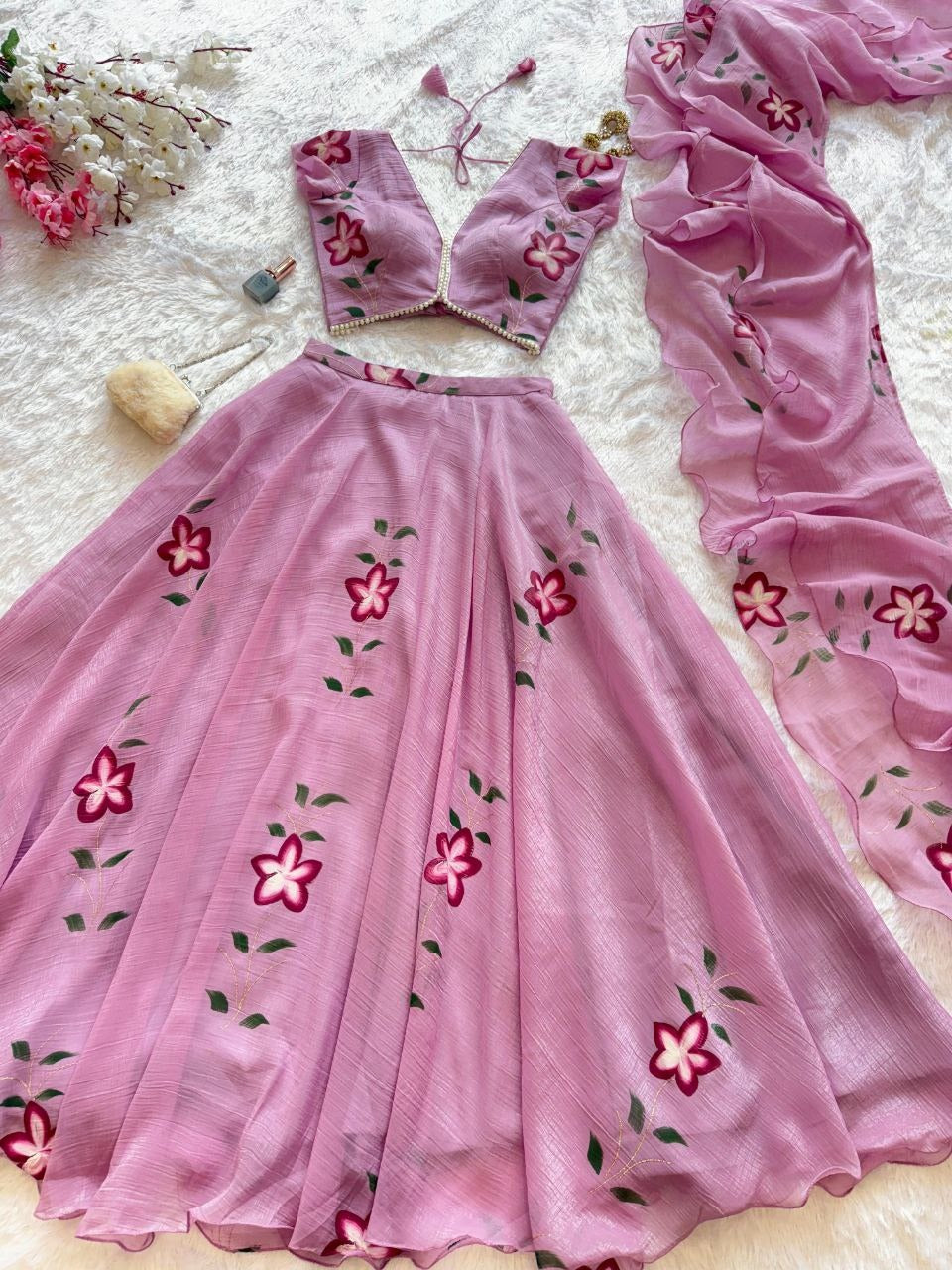 Candy Crush Handpainted Lehenga Set – Pearl Lace Blouse, Flair Lehenga & Cascade Dupatta