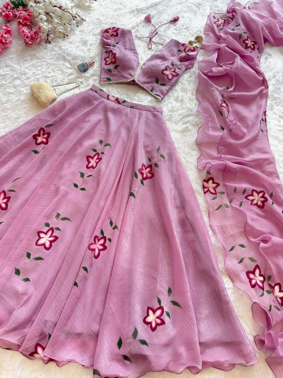 Candy Crush Handpainted Lehenga Set – Pearl Lace Blouse, Flair Lehenga & Cascade Dupatta