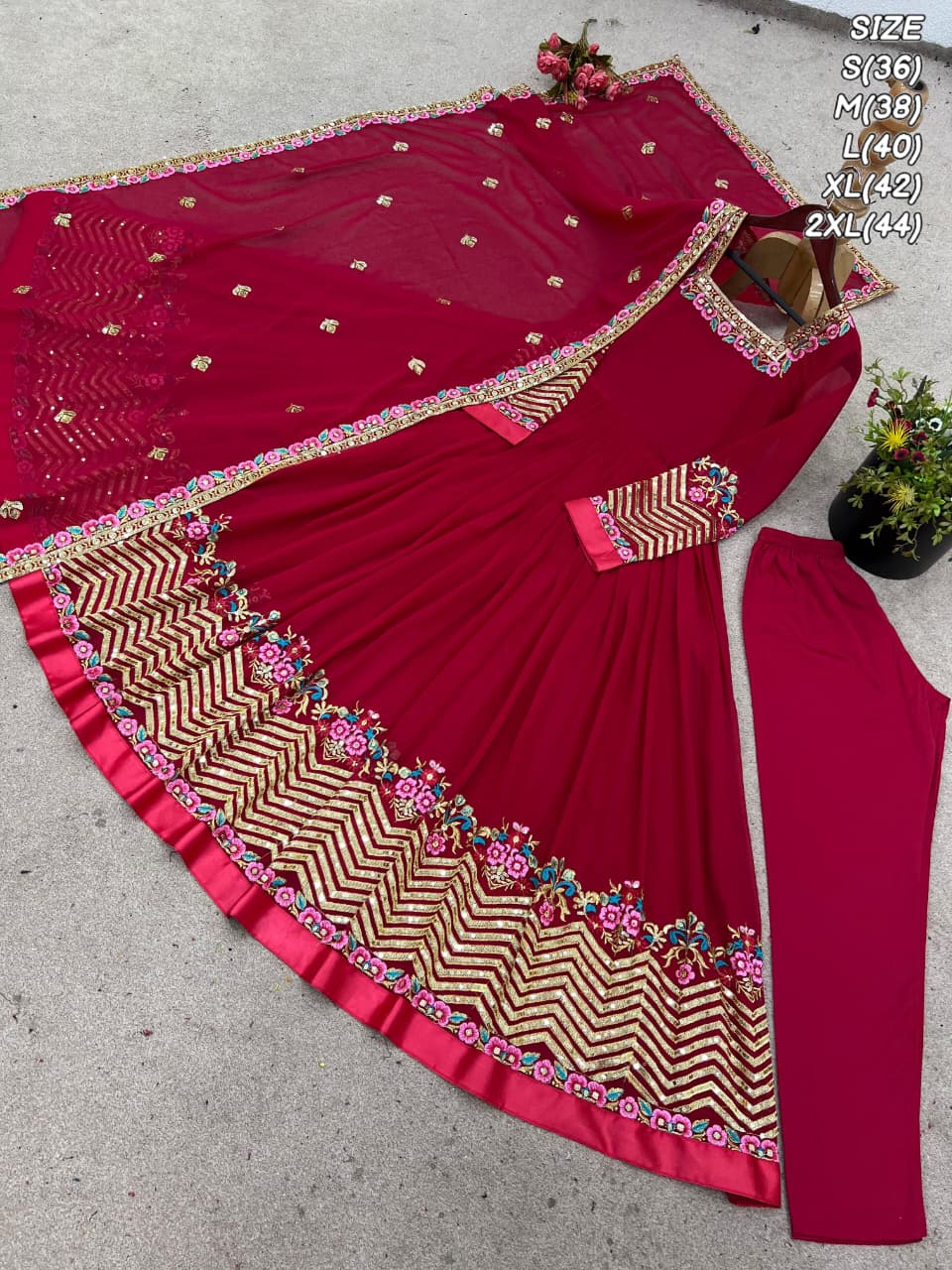 Elegant Embroidered Sequin Designer Anarkali Three Piece Set – Gown, Bottom & Dupatta (Ready to Wear)