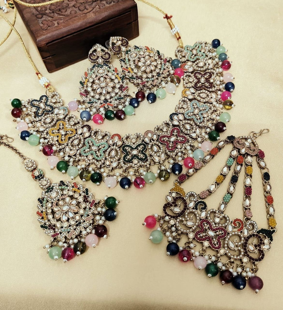 Elegant Pakistani Choker Set with Reverse AD Stone Work – Includes Jhumka, Tikka & Big Passa | Premium Quality