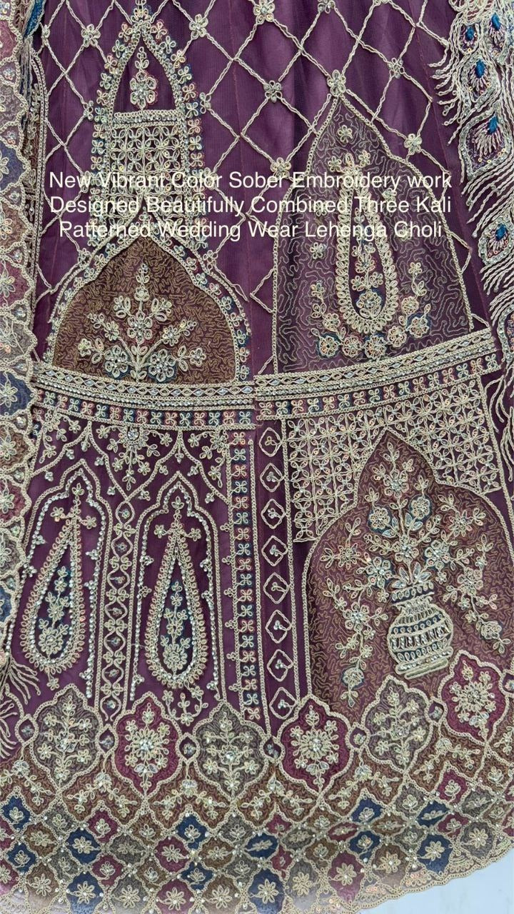 New Vibrant Wedding Wear Net Lehenga Choli with Peacock Embroidery, Zari & Diamond Work – Three Kali Pattern | Elegant Reception Ensemble