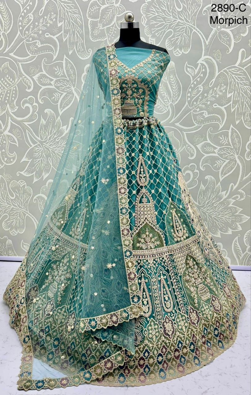 New Vibrant Wedding Wear Net Lehenga Choli with Peacock Embroidery, Zari & Diamond Work – Three Kali Pattern | Elegant Reception Ensemble