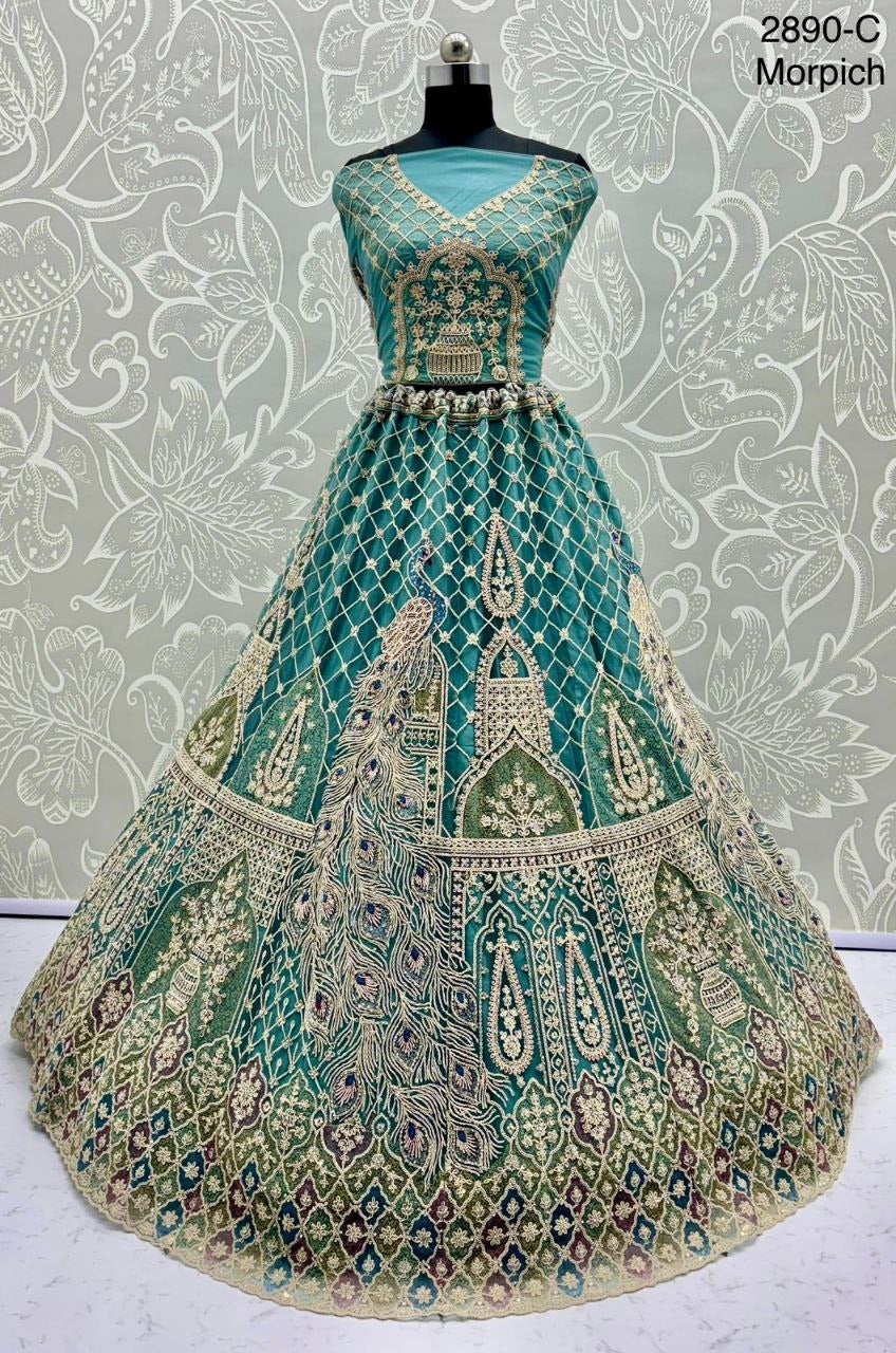 New Vibrant Wedding Wear Net Lehenga Choli with Peacock Embroidery, Zari & Diamond Work – Three Kali Pattern | Elegant Reception Ensemble