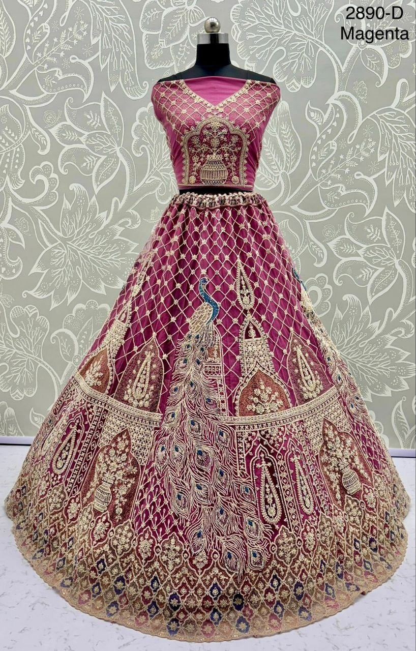 New Vibrant Wedding Wear Net Lehenga Choli with Peacock Embroidery, Zari & Diamond Work – Three Kali Pattern | Elegant Reception Ensemble