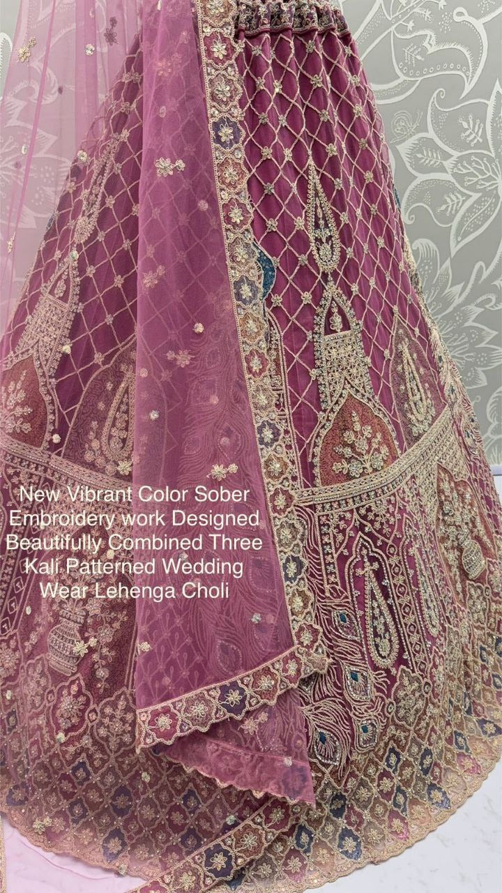 New Vibrant Wedding Wear Net Lehenga Choli with Peacock Embroidery, Zari & Diamond Work – Three Kali Pattern | Elegant Reception Ensemble