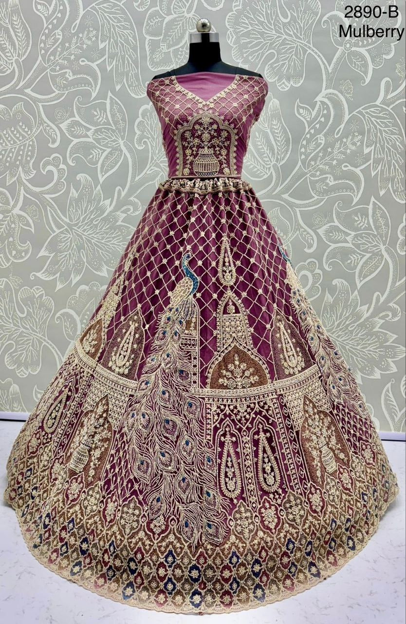 New Vibrant Wedding Wear Net Lehenga Choli with Peacock Embroidery, Zari & Diamond Work – Three Kali Pattern | Elegant Reception Ensemble