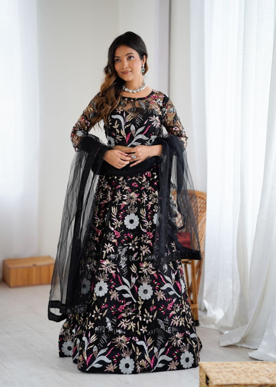 Black Premium Butterfly Net Lehenga with Heavy Embroidery & Sequins Work