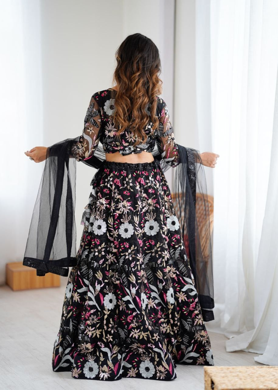 Black Premium Butterfly Net Lehenga with Heavy Embroidery & Sequins Work