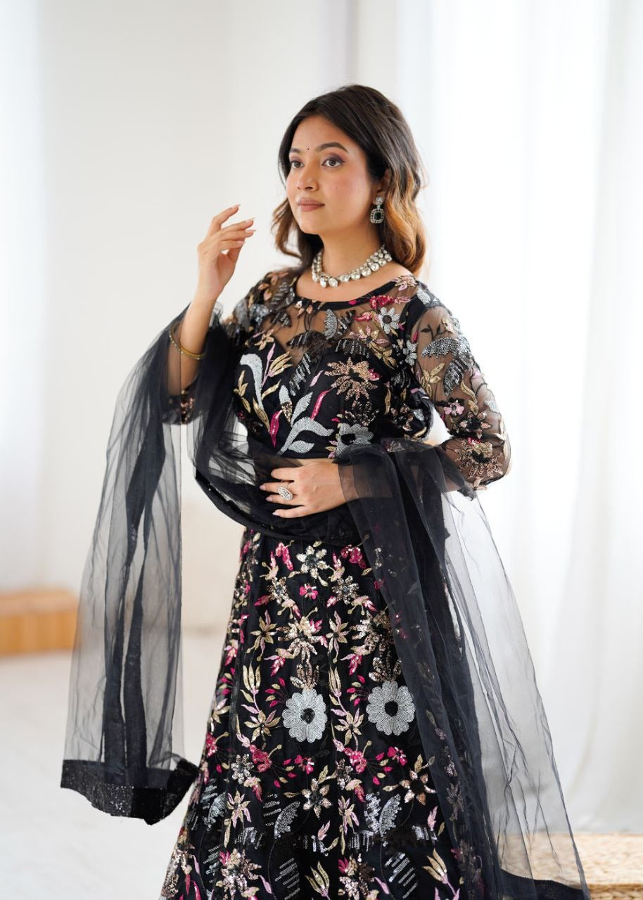 Black Premium Butterfly Net Lehenga with Heavy Embroidery & Sequins Work