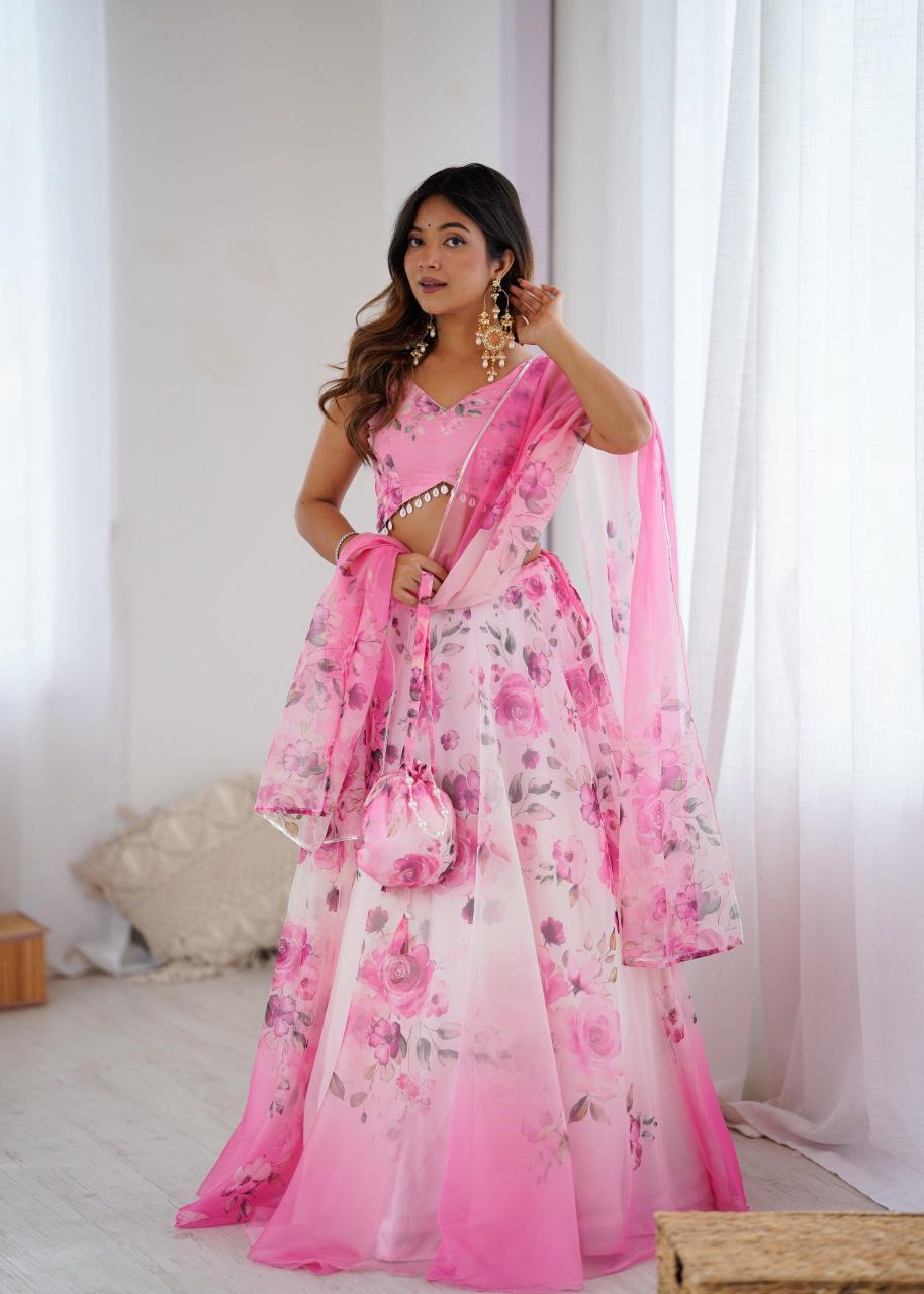 Elegant Pure Pink Organza Embroidered Lehenga Set with Dupatta & Batwa – Fully Stitched Blouse