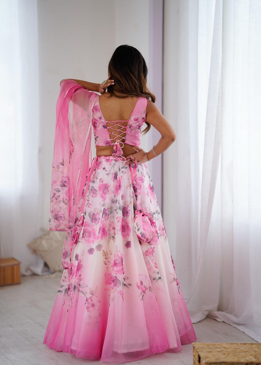 Elegant Pure Pink Organza Embroidered Lehenga Set with Dupatta & Batwa – Fully Stitched Blouse