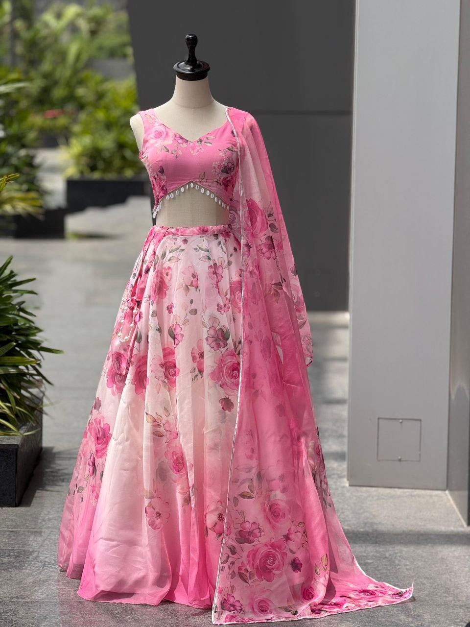 Elegant Pure Pink Organza Embroidered Lehenga Set with Dupatta & Batwa – Fully Stitched Blouse